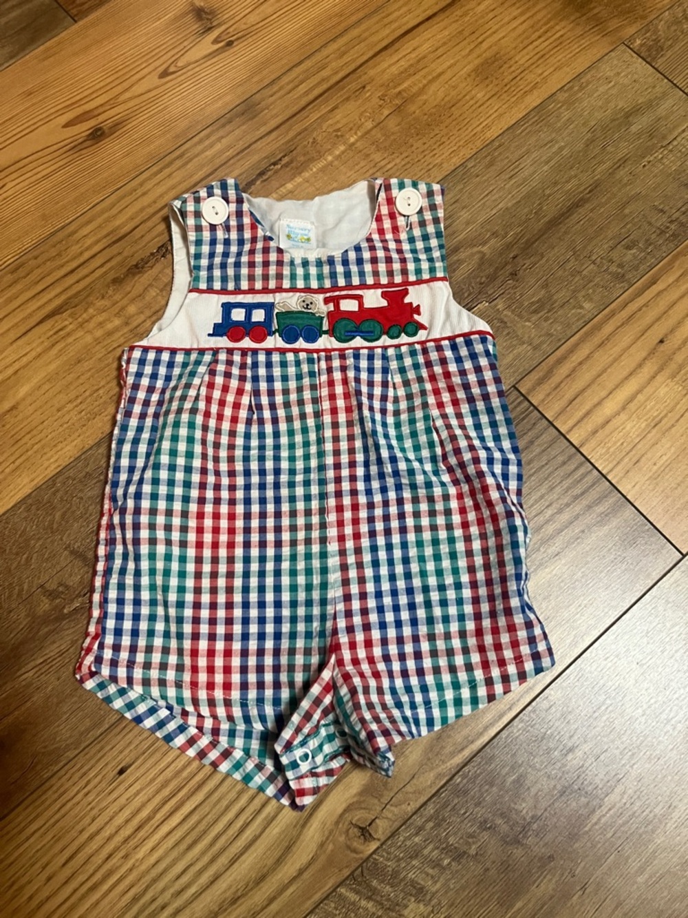 Nursery Rhyme Plaid Train Appliqué Baby Romper - Red, Blue, Green.  Size 6-9 mth